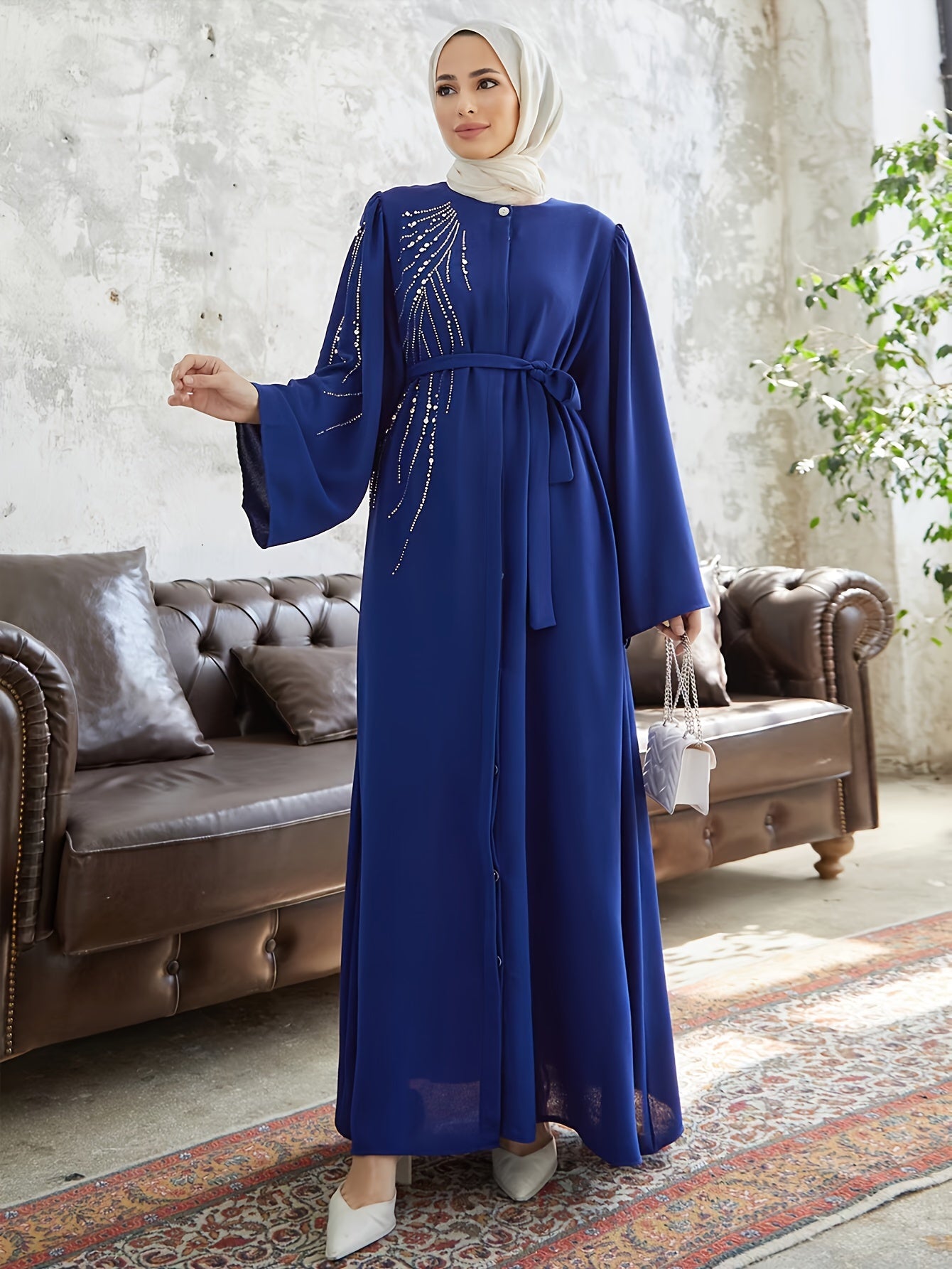 Beaded Tie Waist Modest Dress, Elegant Flare Sleeve Maxi Length Aline Dress, Women's Clothing - NEXTRENDBAHRAIN