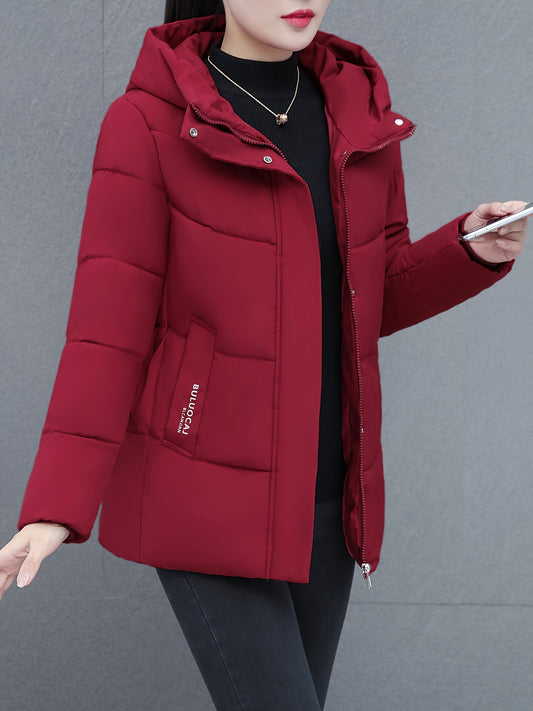 1pc Women'S Casual Style Winter Coat, Geometric Pattern Hooded Cotton Jacket, Long Sleeve, Mid-Length, Non-Stretch Polyester Fabric, No Waist Belt, Non-Waterproof with Pockets NEXTRENDBAHRAIN