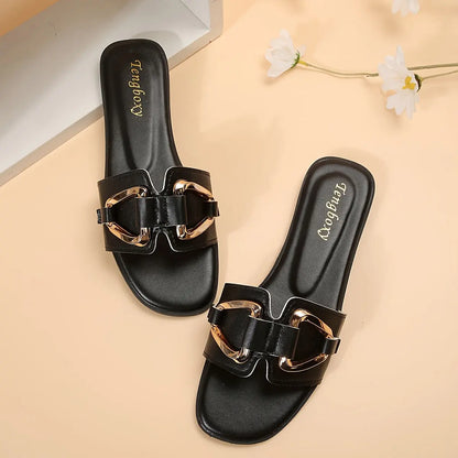 Women's Metallic Buckle Decor Slides, Slip On Lightweight Summer Flats, Solid Color Casual Beach Slides - NEXTRENDBAHRAIN