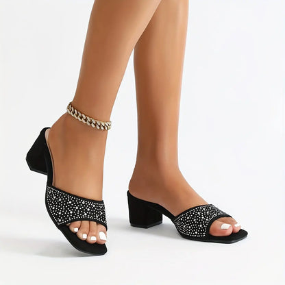 Women's Chunky Heeled Sandals, Rhinestone Decor Square Open Toe Slip On Heels, Fashion Going Out Vacation Party Shoes - NEXTRENDBAHRAIN