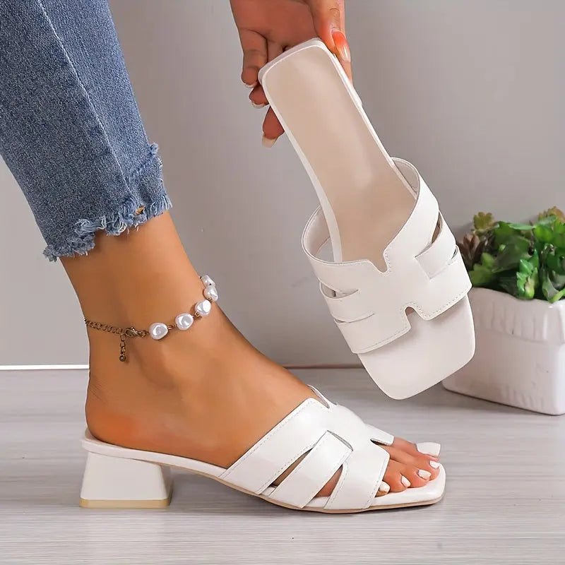 Women's Solid Color Trendy Sandals, Slip On Comfy Chunky Heel Slides Shoes, Versatile Square Toe Shoes - NEXTRENDBAHRAIN