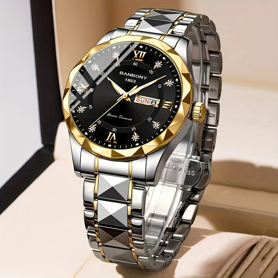 1pc Stainless Steel Strap Men's Roman Numerals Dial Rhinestones Multifunctional Watch, Ideal For Birthday, Holiday Gifts - NEXTRENDBAHRAIN