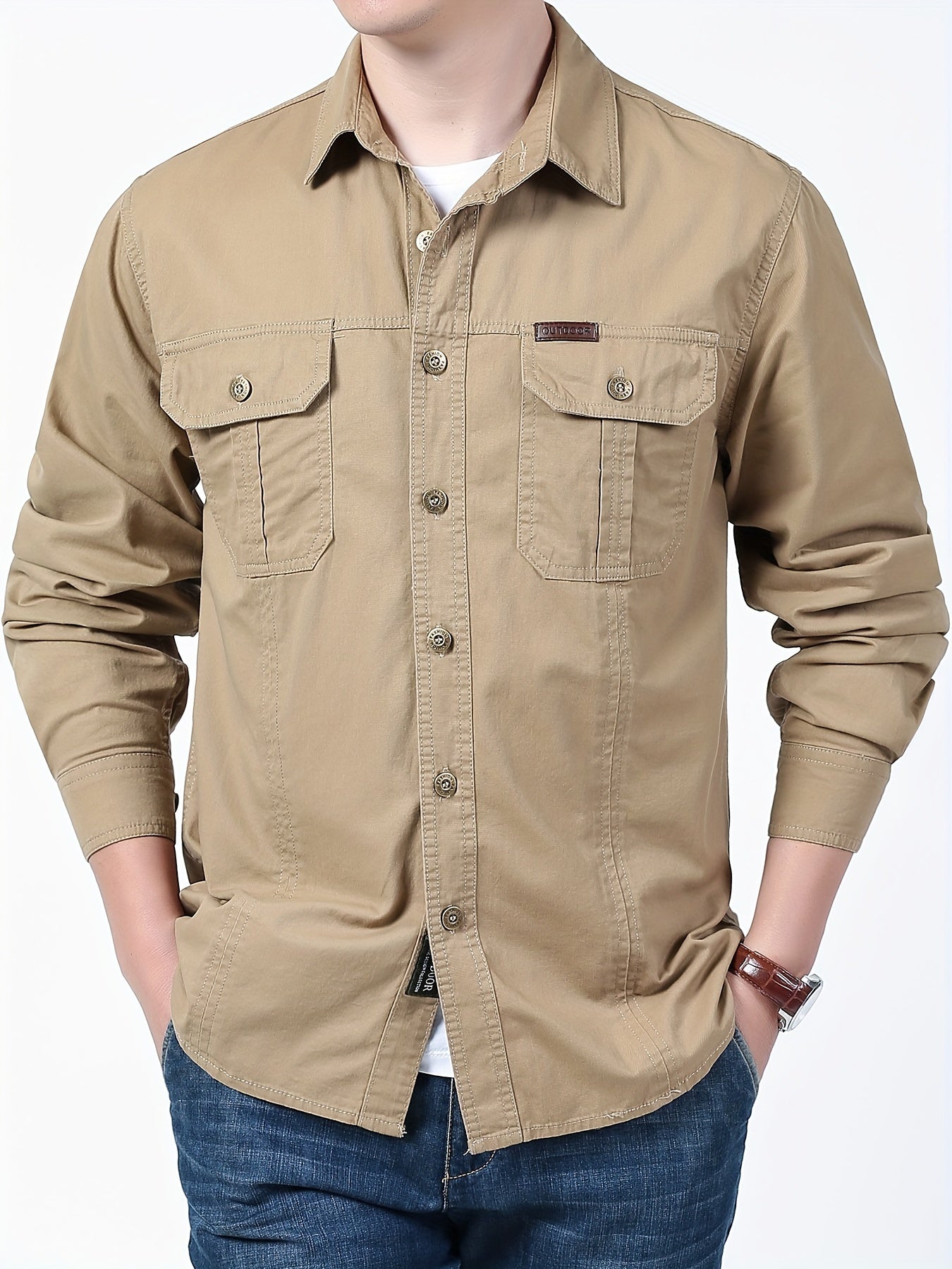 Cotton Comfy Solid Men's Cargo Style Long Sleeve Button Down Shirt With Flap Pockets, Spring Fall Thin Shirt Jacket NEXTRENDBAHRAIN