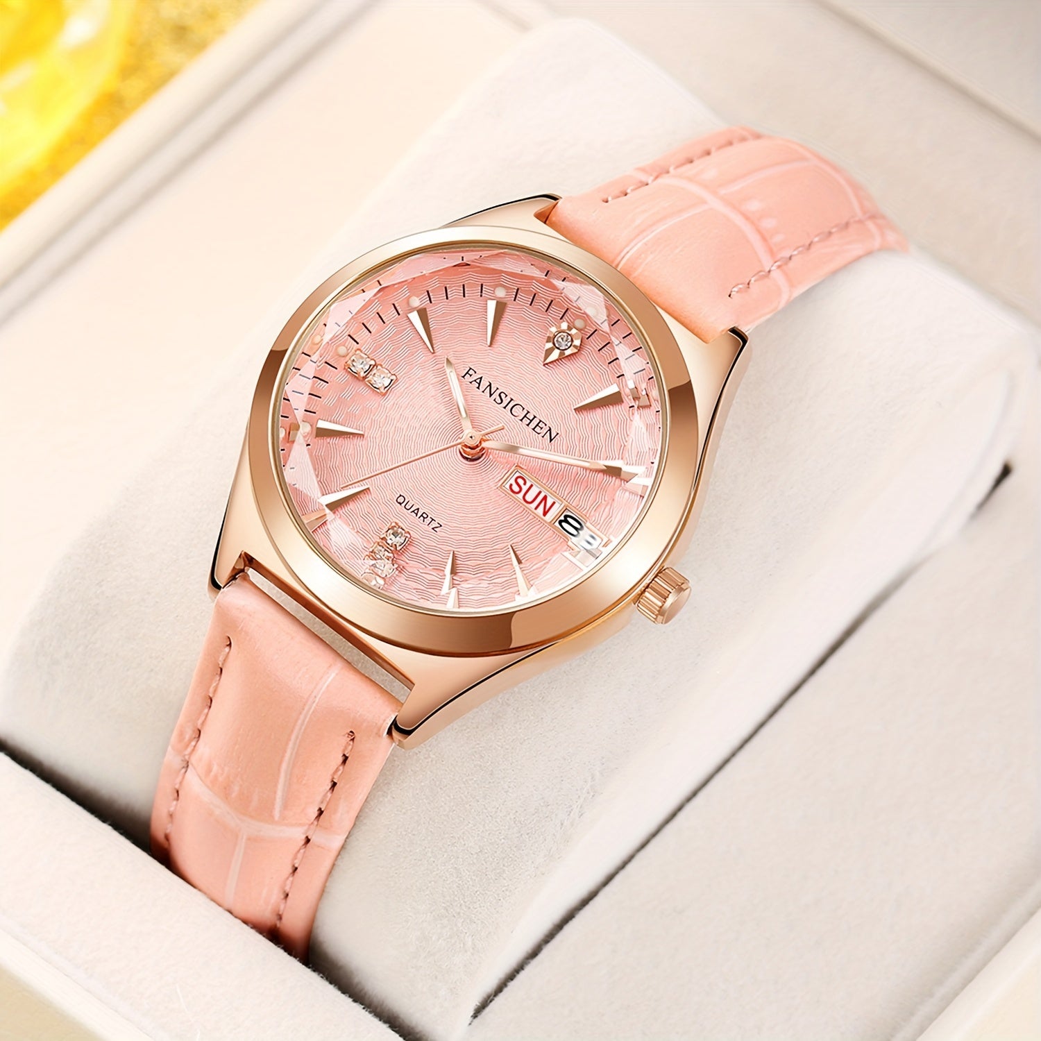 Elegant Women's Watch with Rhinestone Dial - Rose Golden, & Luminous with Calendar Feature, Genuine Faux Leather/Stainless Steel Band - Perfect Gift for Her - NEXTRENDBAHRAIN