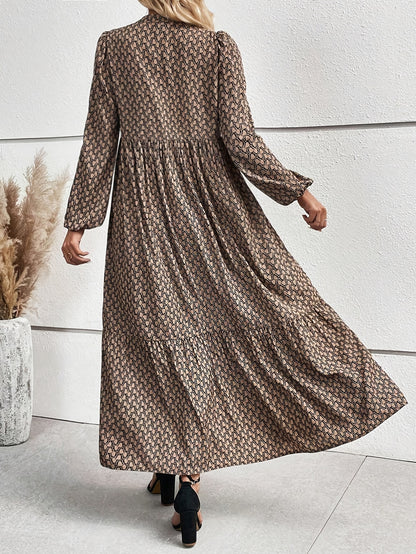 Allover Print Button Front Beltless Dress, Elegant Lantern Sleeve Flowy Dress For Spring & Fall, Women's Clothing - NEXTRENDBAHRAIN