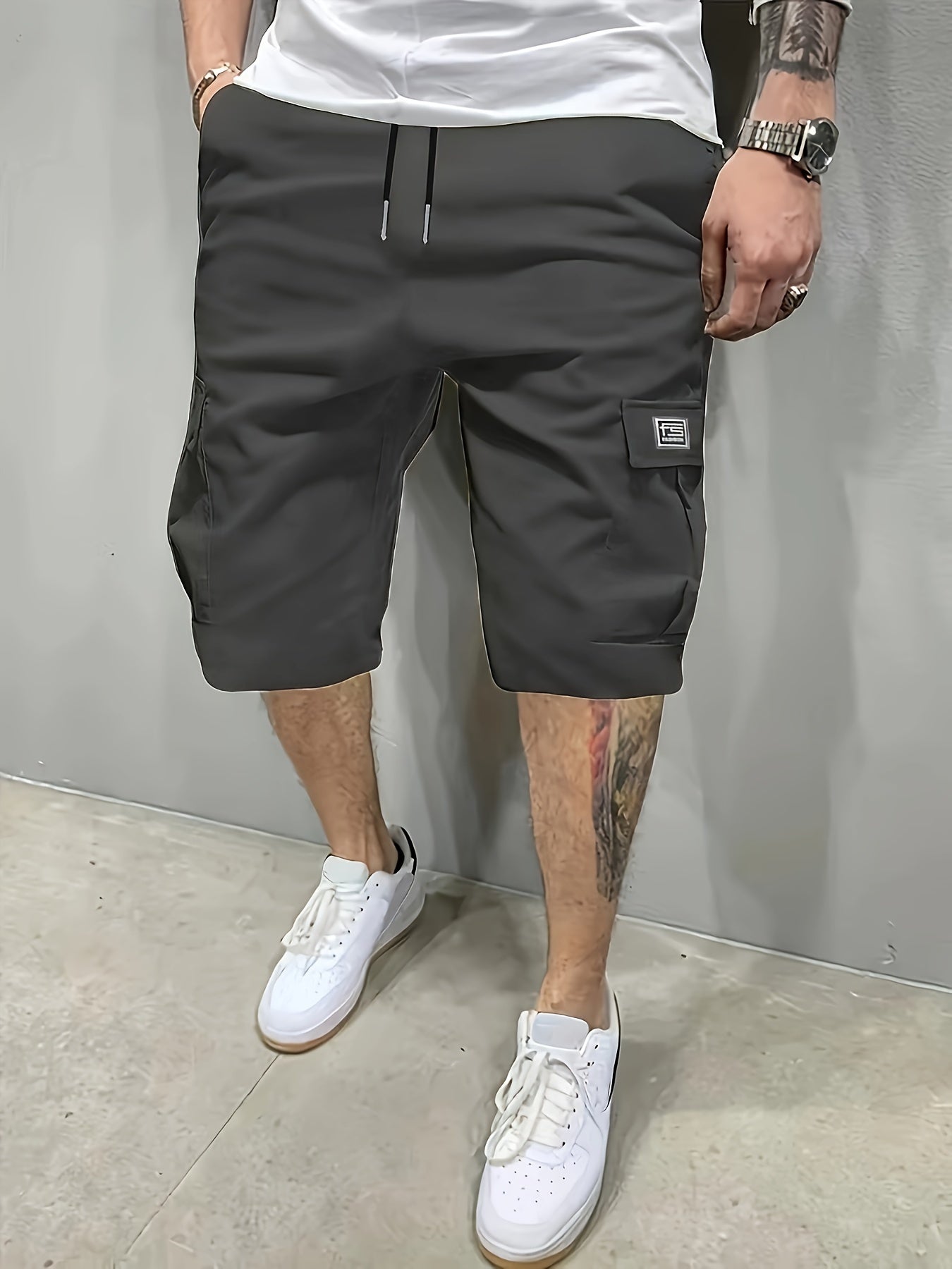 Casual Solid Men's Loose Fit Elastic Waist Cargo Shorts With Side Pockets For Summer Outdoor Leisure And Work - NEXTRENDBAHRAIN