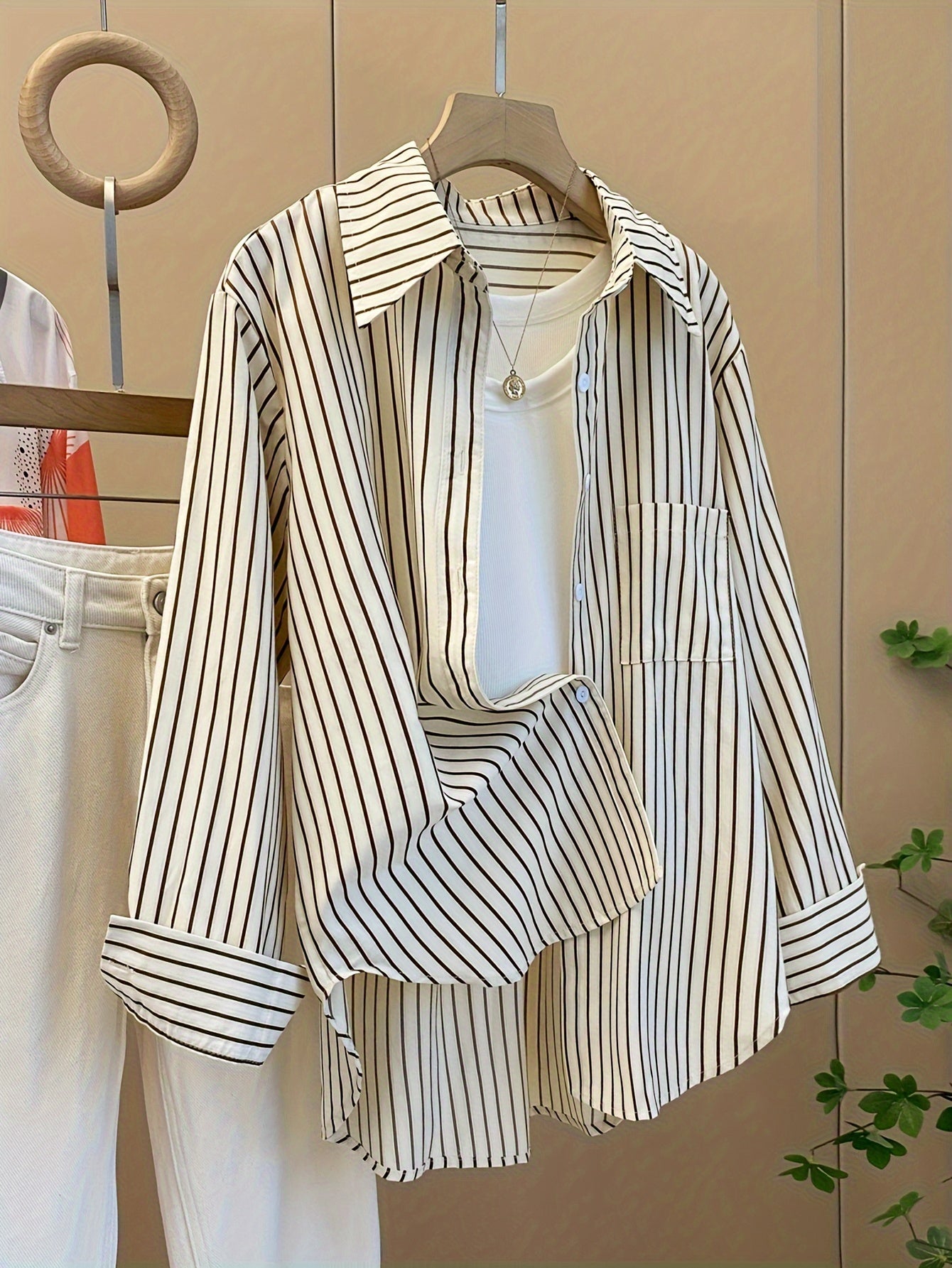 Chic Striped Rayon Blend Shirt for Women - Casual French-Inspired, Loose Fit with Button Detail, Long Sleeve, Machine Washable - NEXTRENDBAHRAIN