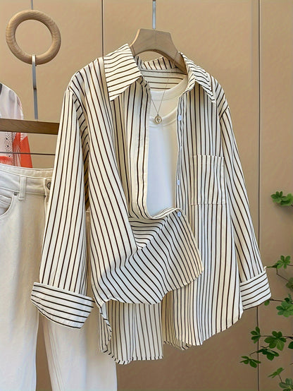 Chic Striped Rayon Blend Shirt for Women - Casual French-Inspired, Loose Fit with Button Detail, Long Sleeve, Machine Washable - NEXTRENDBAHRAIN