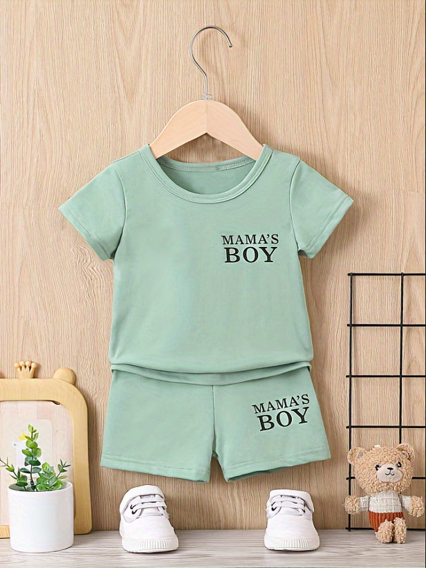 2pcs Baby Boy's Casual Crew Neck Short Sleeve "Mama's Boy" Print T-shirt & Shorts Set, Baby Kid's Clothes For Summer - NEXTRENDBAHRAIN