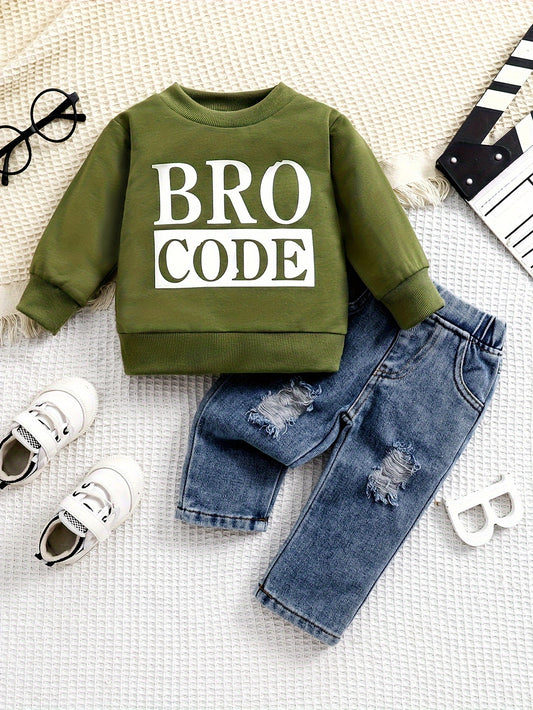 2pcs Baby's BRO CODE Print Sweatshirt & Casual Ripped Jeans, Toddler & Infant Boy's Clothing Set For Fall Winter - NEXTRENDBAHRAIN