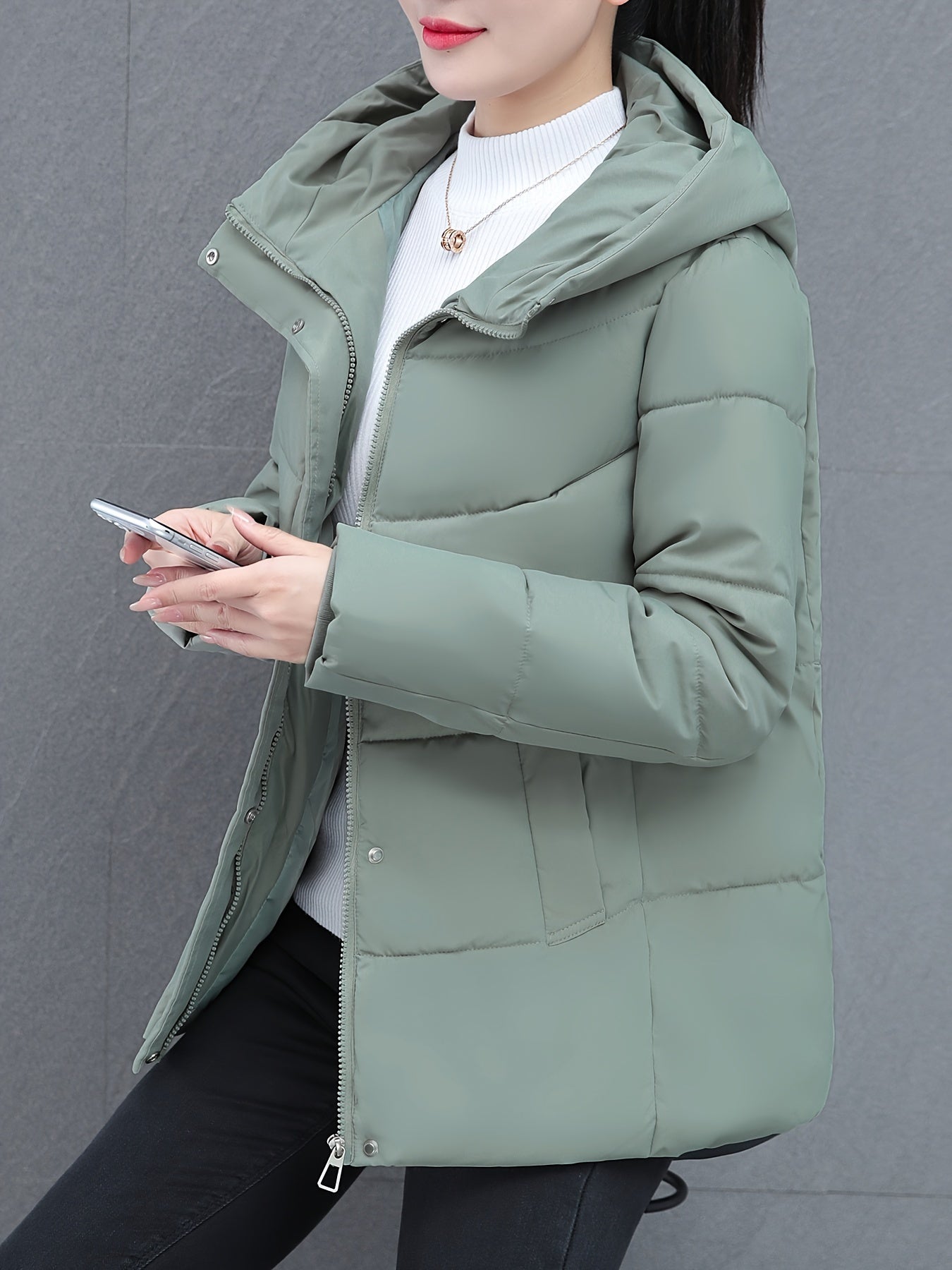 1pc Women'S Casual Style Winter Coat, Geometric Pattern Hooded Cotton Jacket, Long Sleeve, Mid-Length, Non-Stretch Polyester Fabric, No Waist Belt, Non-Waterproof with Pockets NEXTRENDBAHRAIN