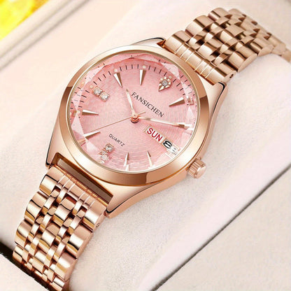 Elegant Women's Watch with Rhinestone Dial - Rose Golden, & Luminous with Calendar Feature, Genuine Faux Leather/Stainless Steel Band - Perfect Gift for Her - NEXTRENDBAHRAIN