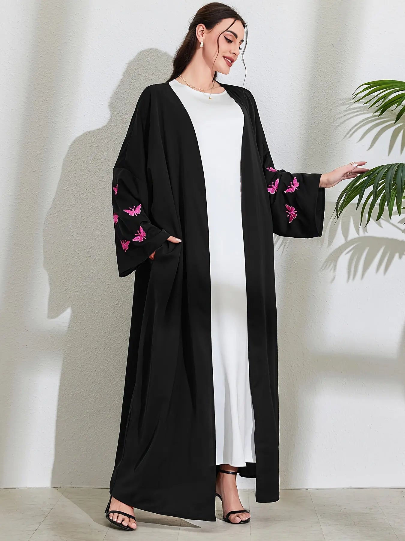 Butterfly Embroidered Modest Outwear, Elegant Open Front Maxi Loose Cover Up, Women's Clothing NEXTRENDBAHRAIN