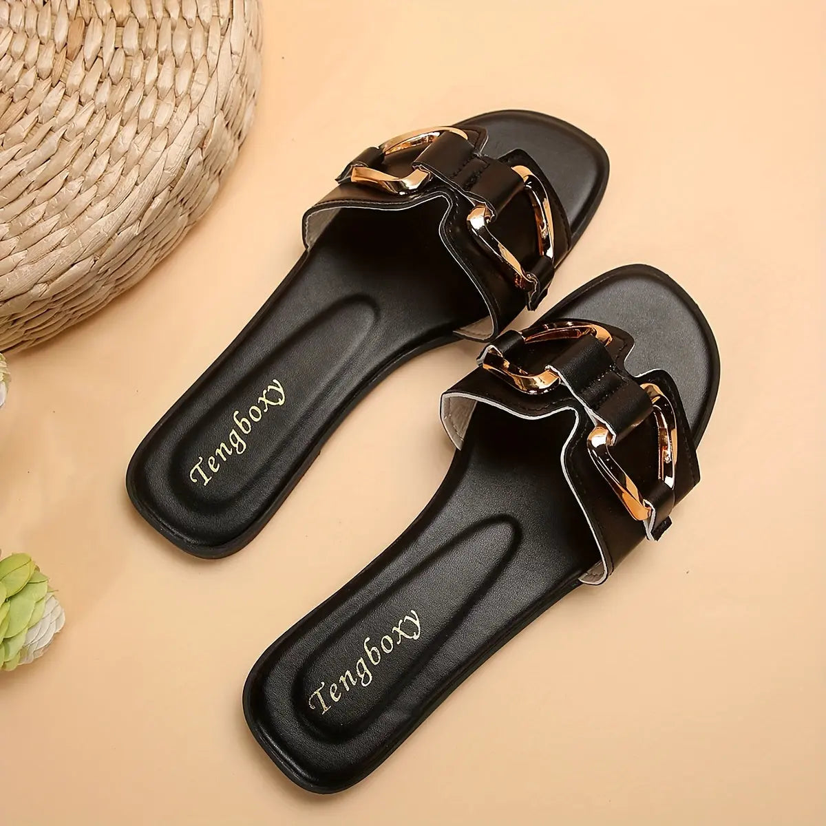 Women's Metallic Buckle Decor Slides, Fashionable Square Open Toe Summer Shoes, Casual Beach Flat Slides - NEXTRENDBAHRAIN