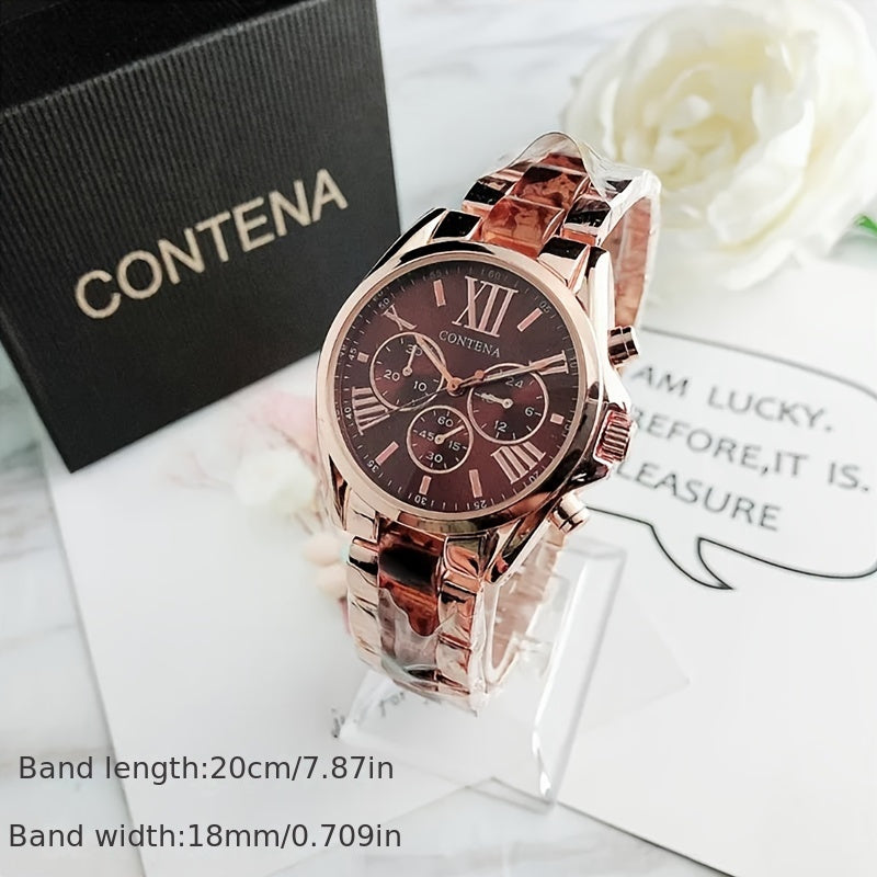 1pc Matching Contena Luxury Rose Golden Quartz Watches, Women's Fashion Wristwatch Set With Roman Numerals, Elegant Female Timepieces For Daily Life And Travel (Watch Only) - NEXTRENDBAHRAIN