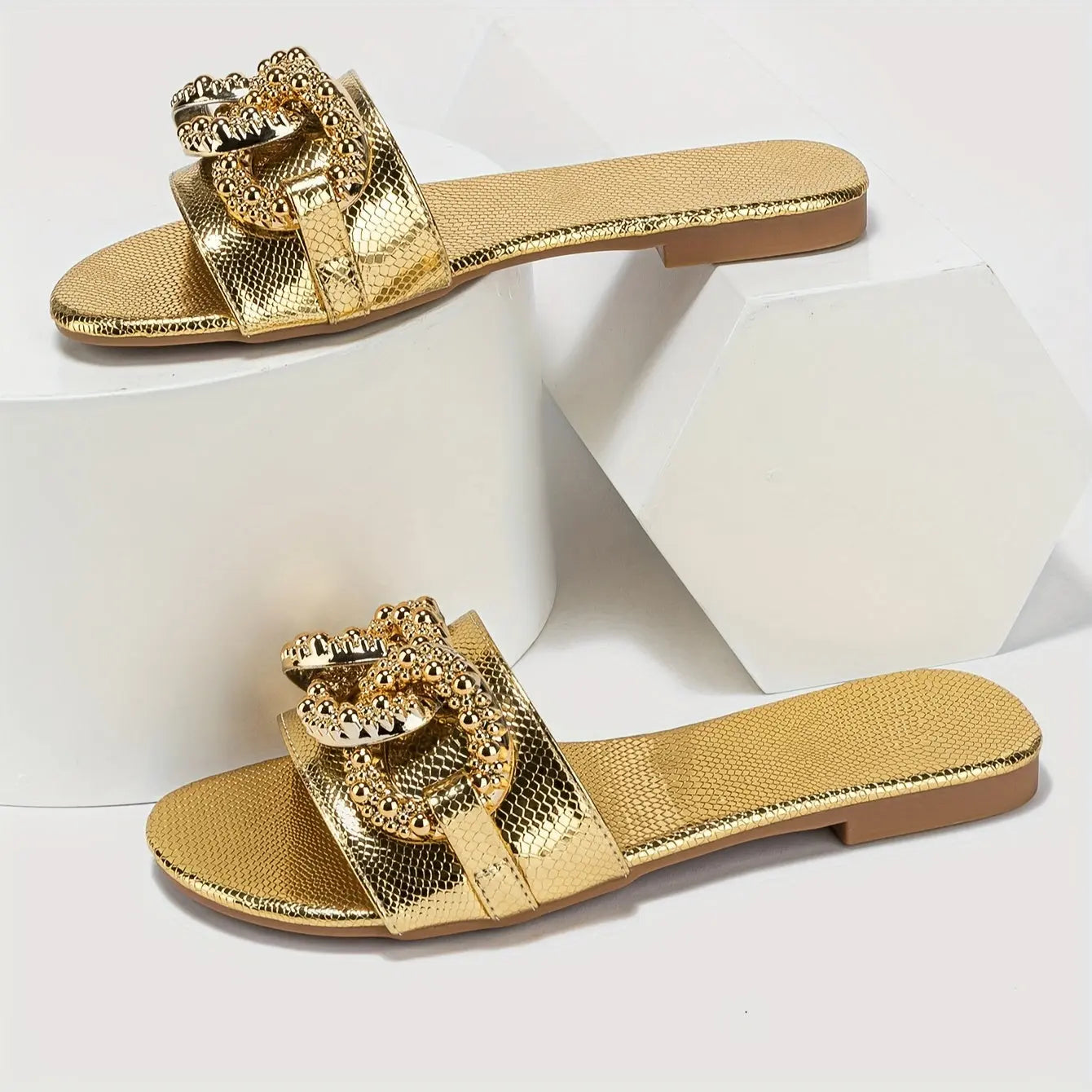 Chic Golden Snakeskin Print Women's Slide Sandals with Metallic Buckle - Fashionable Flat Heel, Round Toe Design for All Seasons - NEXTRENDBAHRAIN