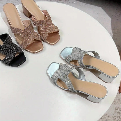 Women's Solid Color Glitter Sandals, Sparkling Rhinestone Slip-On Slides, Versatile Crisscross Bands Chunky Heels - NEXTRENDBAHRAIN