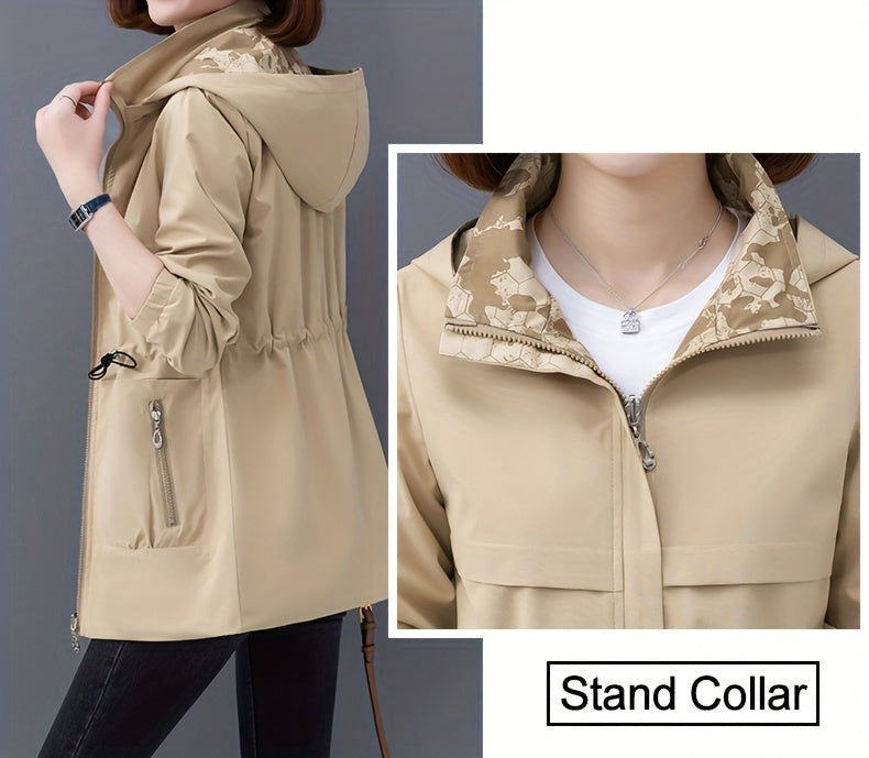 Casual Long Sleeve Drawstring Waist Hooded Zip Up Outdoor Jackets For Women, Two-sided Wear Waterproof And Windproof Coat For Autumn & Winter, Women's Clothing NEXTRENDBAHRAIN