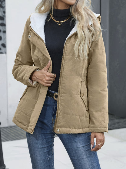 Zip Front Long Sleeve Button Down Jacket, Casual Solid Color Dual Pockets Hooded Quilted Down Jacket, Women's Clothing NEXTRENDBAHRAIN