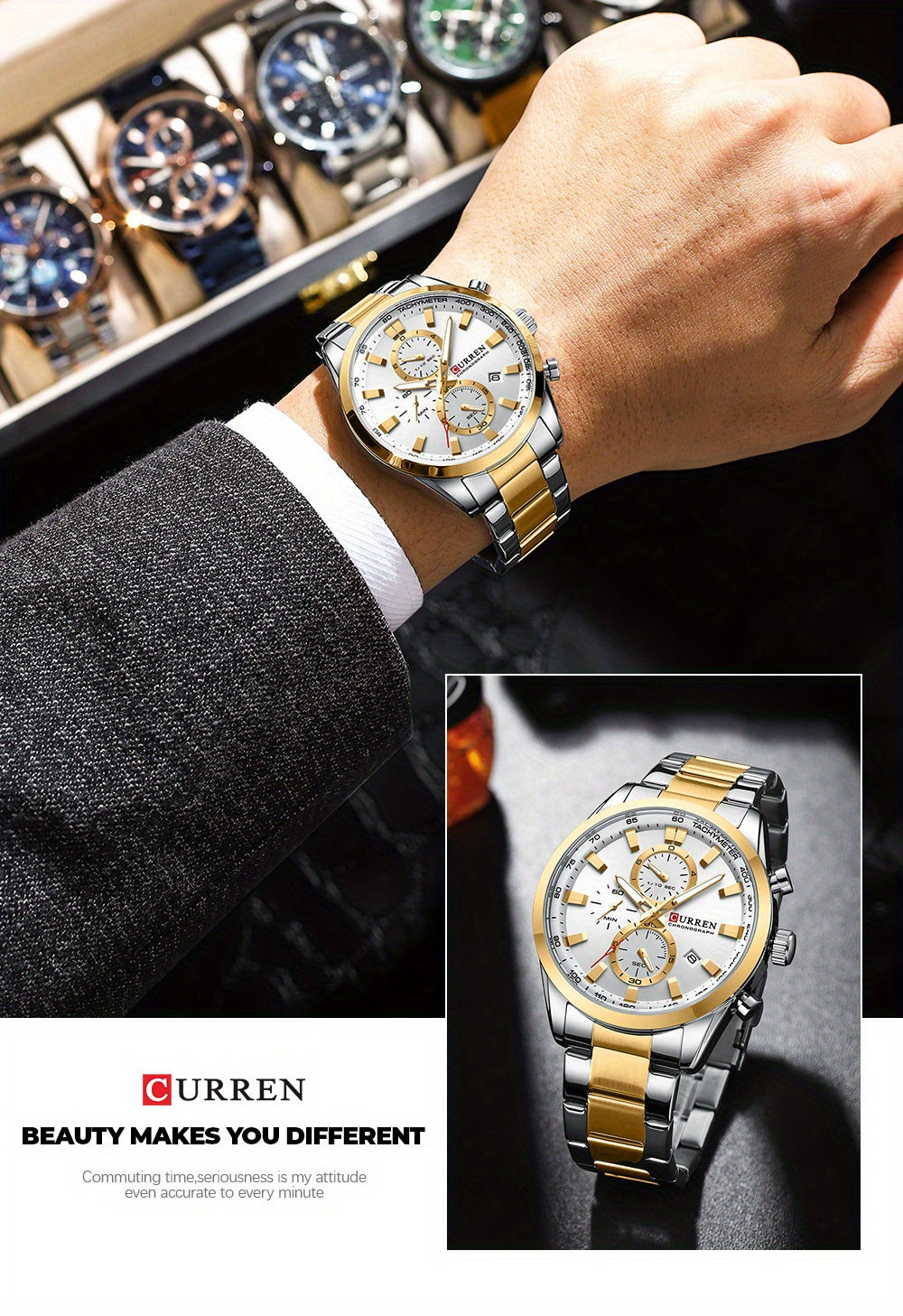 CURREN Business Men's Watch Steel Band Multifunctional Chronograph Wristwatch Waterproof Round Watch, Ideal choice for Gifts - NEXTRENDBAHRAIN