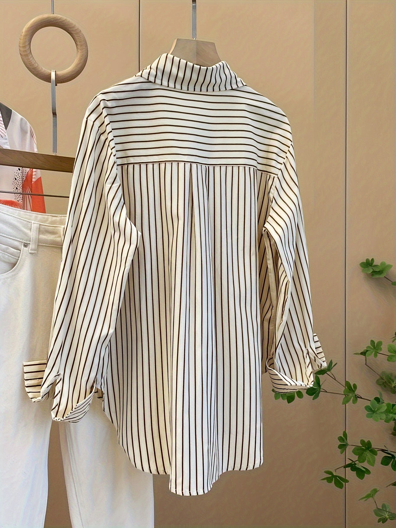 Chic Striped Rayon Blend Shirt for Women - Casual French-Inspired, Loose Fit with Button Detail, Long Sleeve, Machine Washable - NEXTRENDBAHRAIN