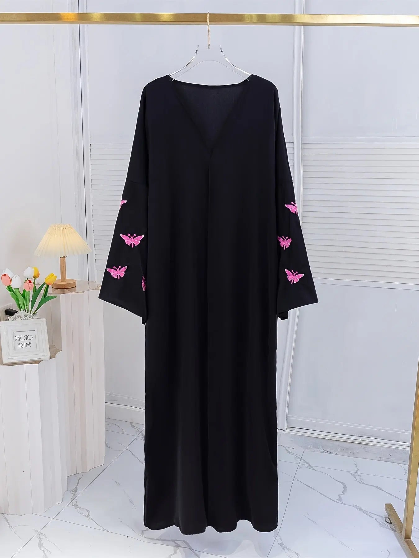 Butterfly Embroidered Long Sleeve Abayas Dress, Elegant V Neck Maxi Length Dress, Women's Clothing NEXTRENDBAHRAIN