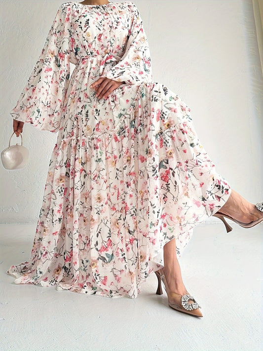 Elegant Floral Chiffon Maxi Dress for Women - Long Sleeve, Crew Neck with Belt Detail, Machine Washable - NEXTRENDBAHRAIN