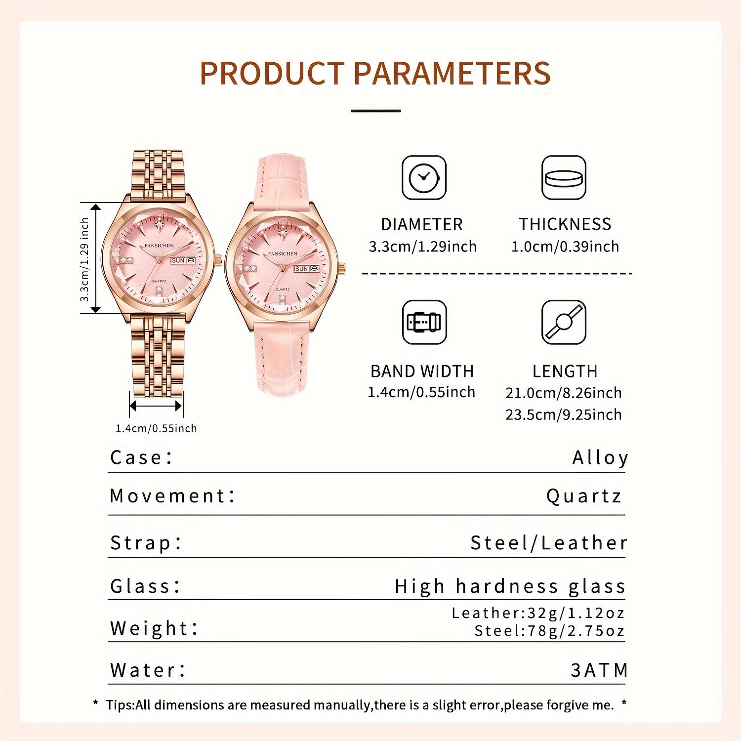 Elegant Women's Watch with Rhinestone Dial - Rose Golden, & Luminous with Calendar Feature, Genuine Faux Leather/Stainless Steel Band - Perfect Gift for Her - NEXTRENDBAHRAIN