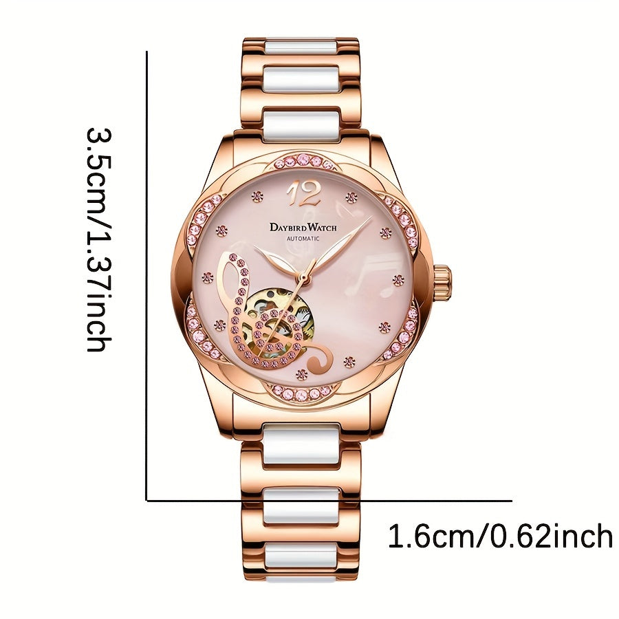 A rose Golden white women's alloy elegant casual style hollowed out mechanical watch - NEXTRENDBAHRAIN