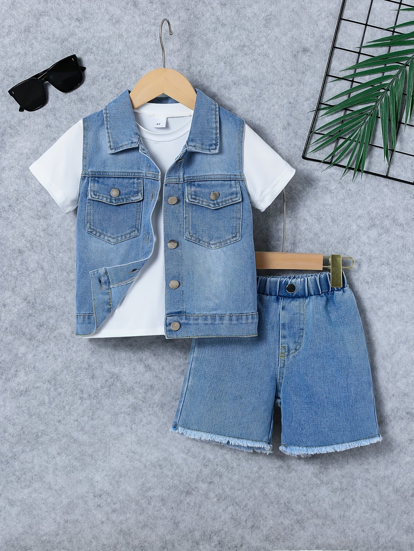 3Pcs Boy's Casual Solid White Short Sleeve T-shirt & Vintage Denim Lapel Sleeveless Vest & Denim Shorts Set, Comfy Summer Boys Clothing - NEXTRENDBAHRAIN