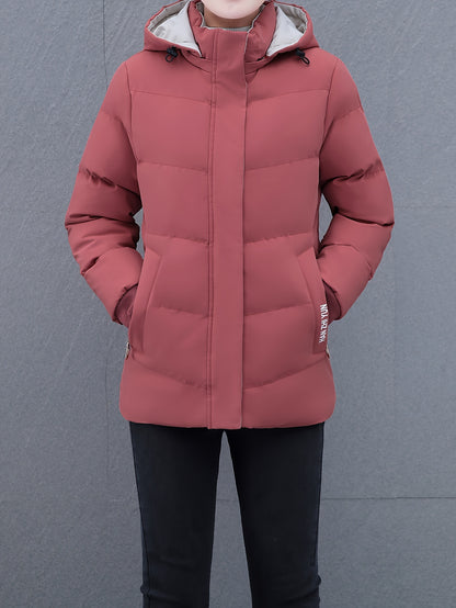 Women'S Puffer Coat, Autumn/Winter Warm Thickened Cotton Jacket, Hooded Sports Style, Solid Color, Zippered, Non-Stretch Fabric, Outdoor Casual Jacket, Polyester (Poly) Material, Woven Knit NEXTRENDBAHRAIN