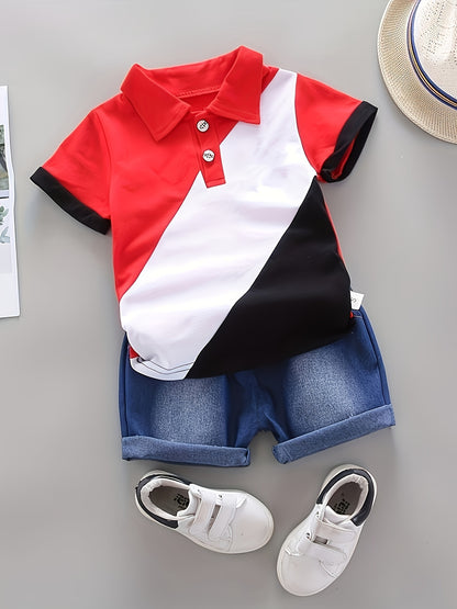 2pcs Baby Boy's Casual Cotton Summer Set, Color Block Short Sleeve Top & Shorts, Baby Boy's Clothes - NEXTRENDBAHRAIN