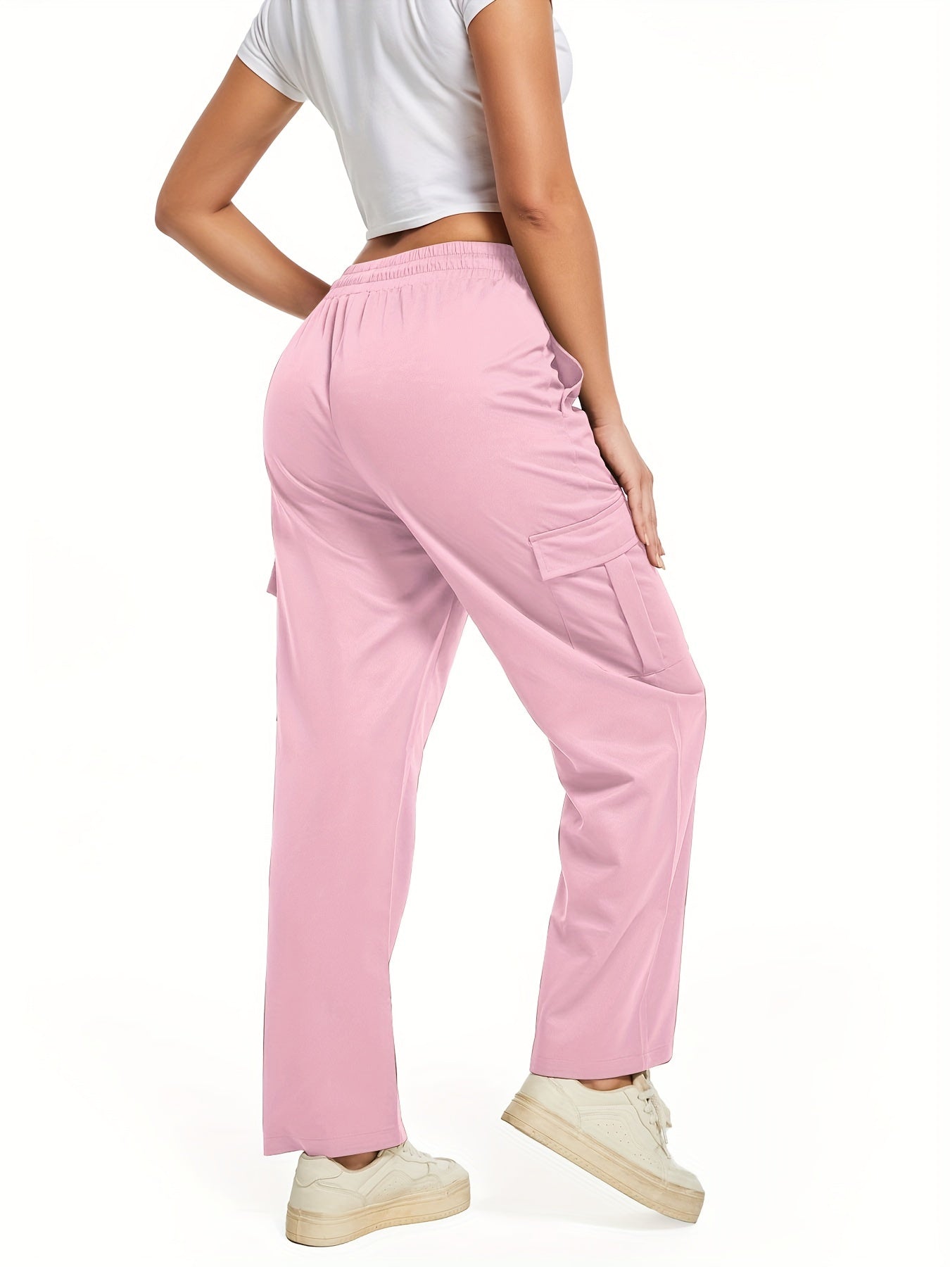 Women's Polyester Cargo Pants 2-Pack, Casual Solid Color Long Length with Pockets, Non-Stretch Woven Fabric for All Seasons NEXTRENDBAHRAIN