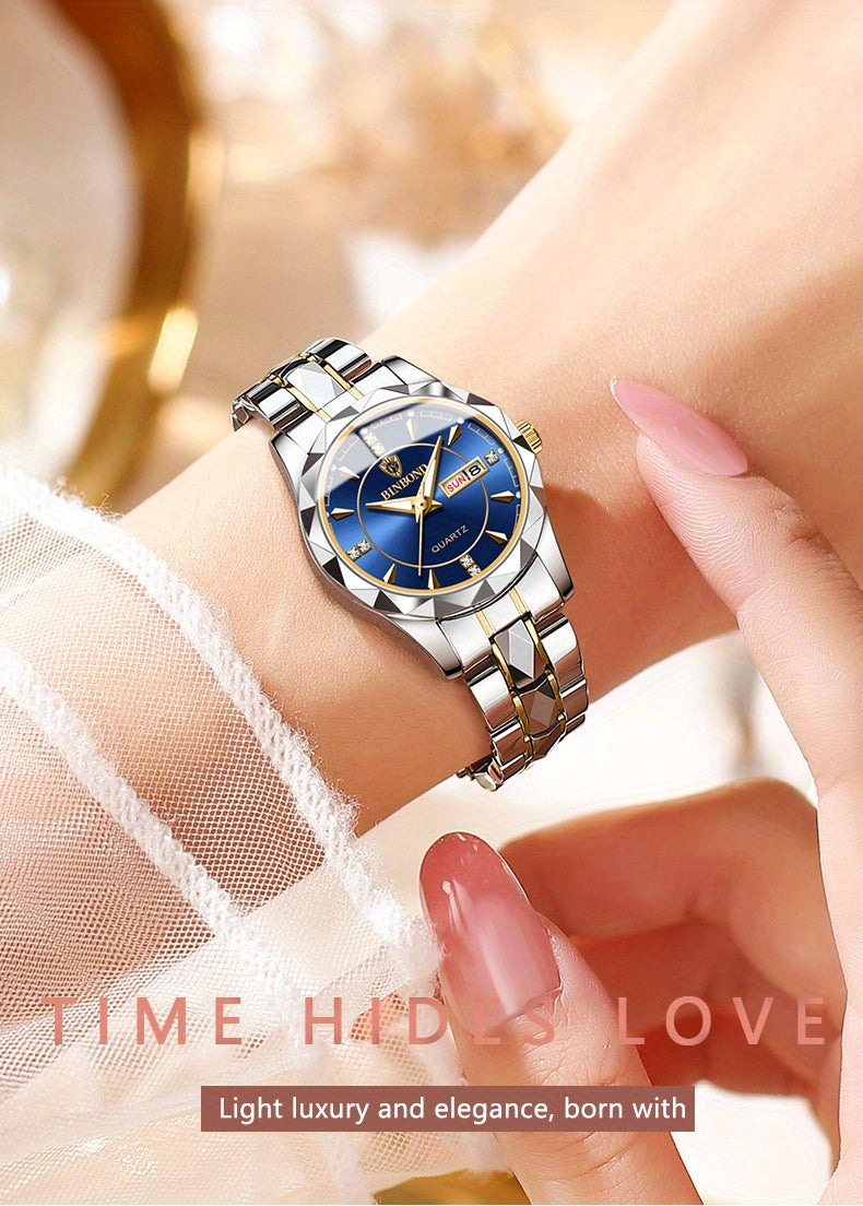 BINBOND Women's Dial Cutting Watch Luxury Rhinestone Quartz Watch Retro Fashion Luminous Analog WR Stainless Steel Wrist Watch - NEXTRENDBAHRAIN