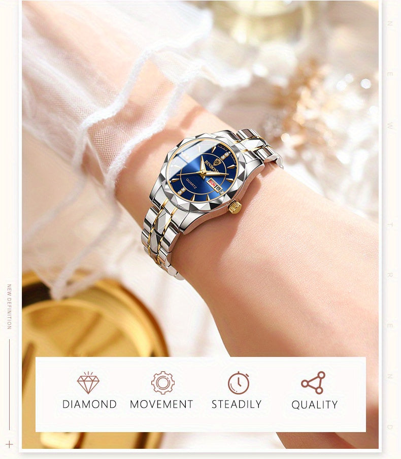 BINBOND Women's Dial Cutting Watch Luxury Rhinestone Quartz Watch Retro Fashion Luminous Analog WR Stainless Steel Wrist Watch - NEXTRENDBAHRAIN