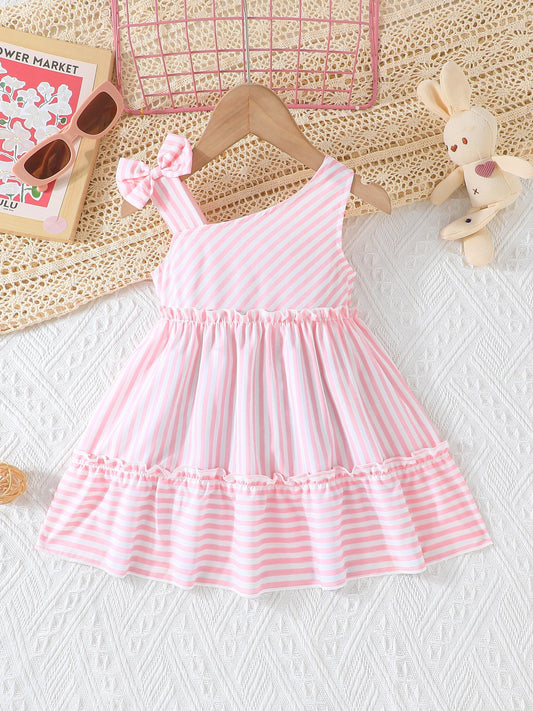 Baby's Stylish Bowknot Decor Stripe Pattern Sleeveless Dress, Infant & Toddler Girl's Clothing For Daily Wear/Holiday/Party, As Gift - NEXTRENDBAHRAIN