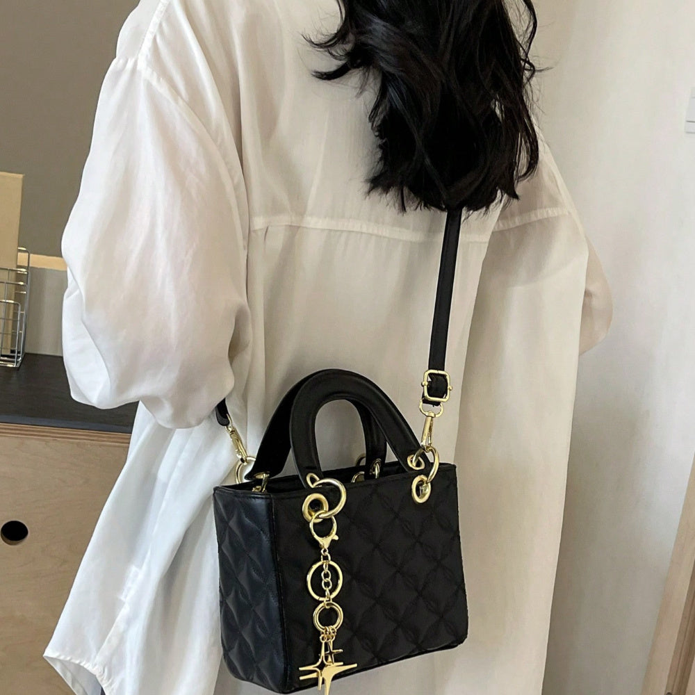 Chic Quilted Faux Leather Handbag with Pendant - Versatile Crossbody Purse for Women | Ideal for Office, Business & Everyday Fashion - NEXTRENDBAHRAIN