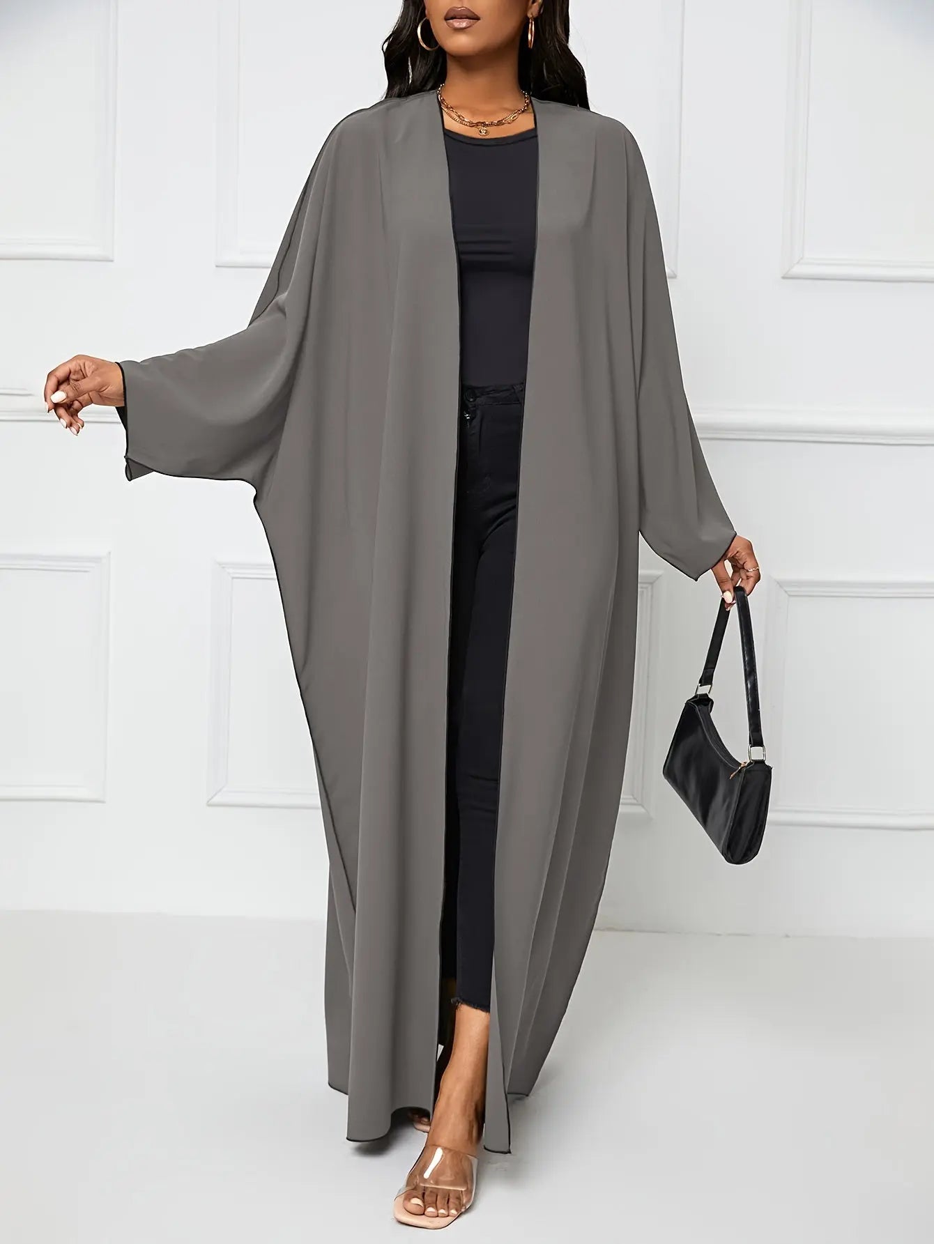 Women's Modest Loose Maxi Length Kaftan Dress, Solid Color, Polyester, Batwing Sleeves, Middle Eastern Style, Turkish Abaya, Long Sleeve, H-Shape, Casual Outwear for Ramadan and Beyond NEXTRENDBAHRAIN