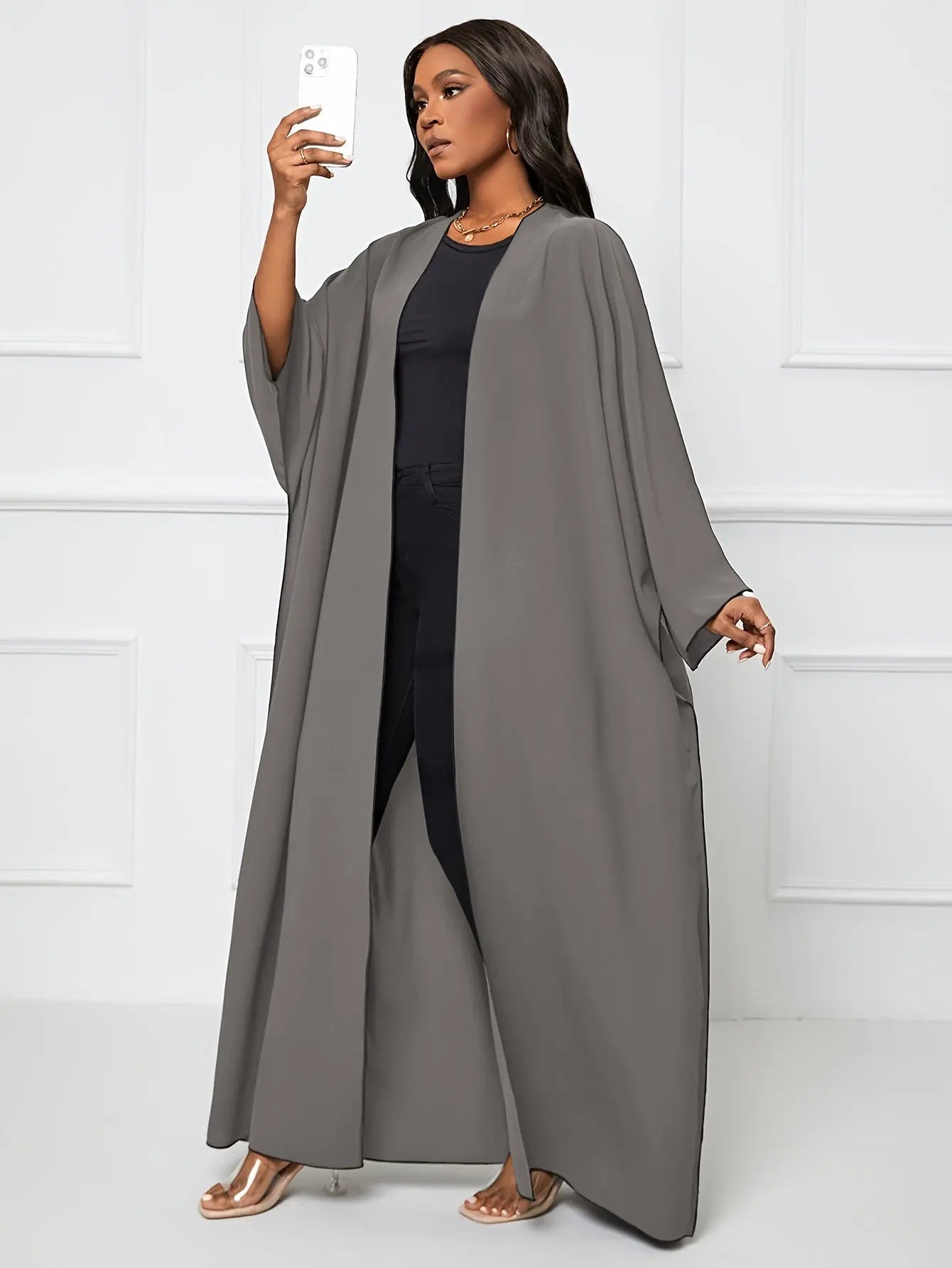 Women's Modest Loose Maxi Length Kaftan Dress, Solid Color, Polyester, Batwing Sleeves, Middle Eastern Style, Turkish Abaya, Long Sleeve, H-Shape, Casual Outwear for Ramadan and Beyond NEXTRENDBAHRAIN