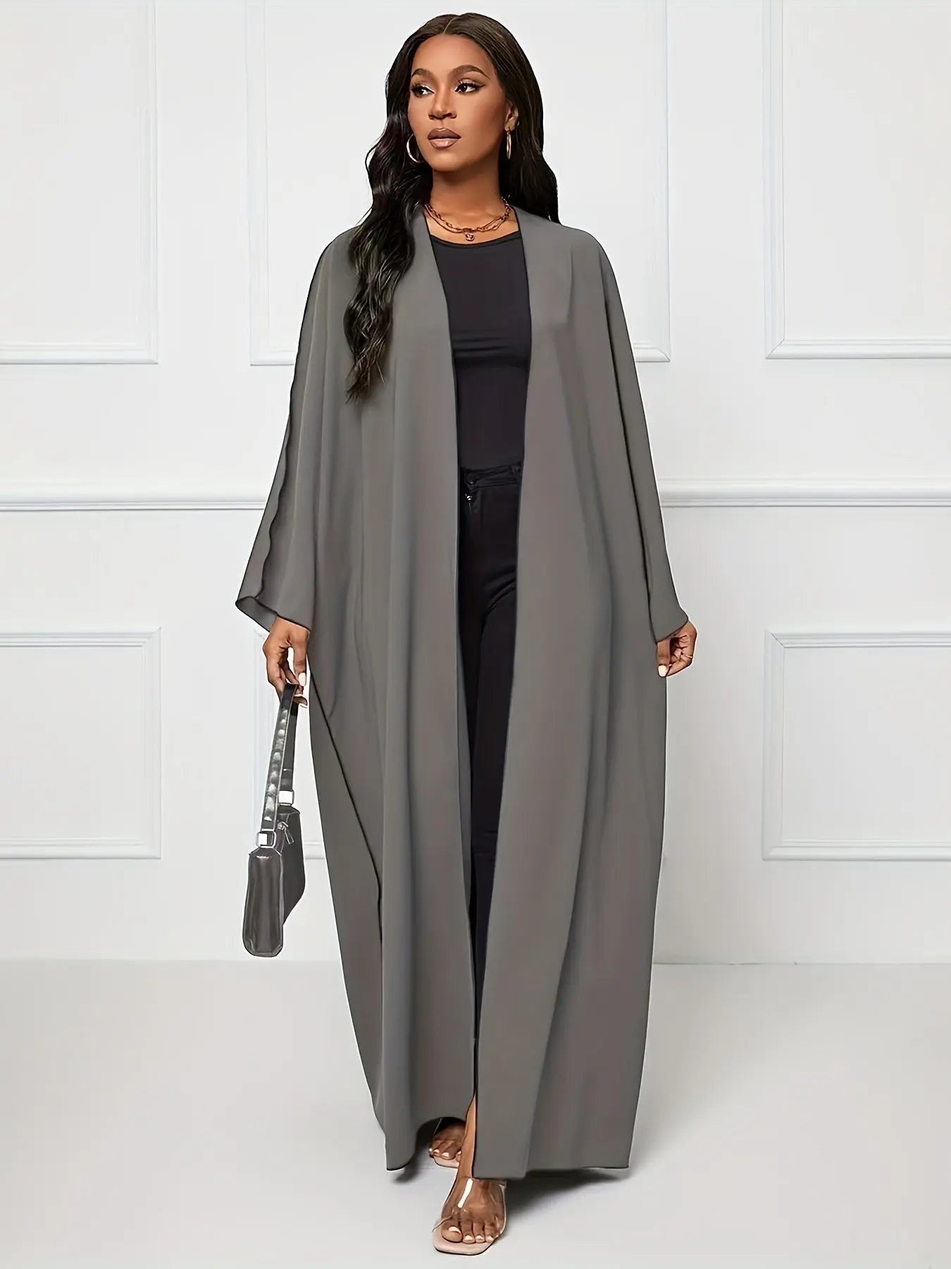 Women's Modest Loose Maxi Length Kaftan Dress, Solid Color, Polyester, Batwing Sleeves, Middle Eastern Style, Turkish Abaya, Long Sleeve, H-Shape, Casual Outwear for Ramadan and Beyond NEXTRENDBAHRAIN