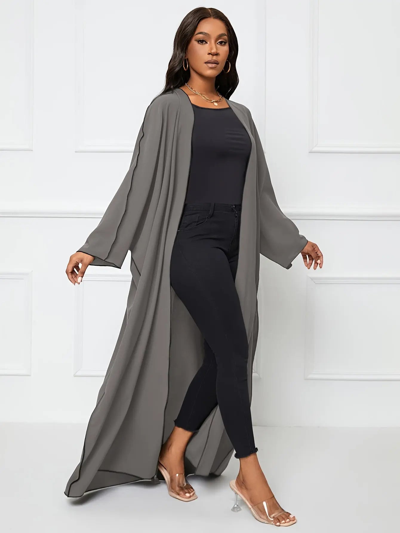 Women's Modest Loose Maxi Length Kaftan Dress, Solid Color, Polyester, Batwing Sleeves, Middle Eastern Style, Turkish Abaya, Long Sleeve, H-Shape, Casual Outwear for Ramadan and Beyond NEXTRENDBAHRAIN