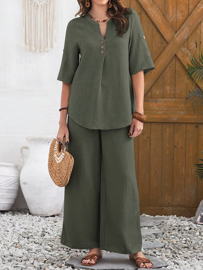 Casual Solid Color Pants Set, Short Sleeve Button Notch Neck Blouse & Wide Leg Pants Outfits, Women's Clothing - NEXTRENDBAHRAIN