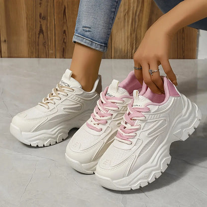 Women's Solid Color Mesh Sneakers, Lace Up Soft Sole Platform Casual Shoes, Breathable Low-top Comfy Shoes - NEXTRENDBAHRAIN