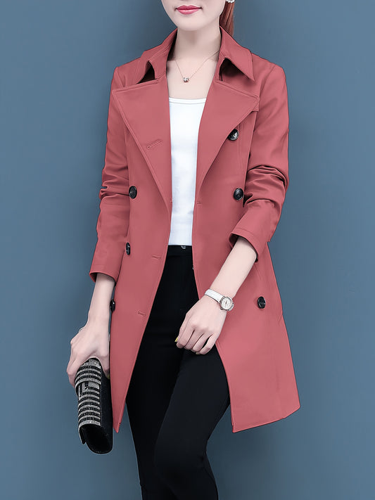 Women's Casual Trench Coat - Mid-Length, Double-Buttoned, Waist-Cinched, Solid Color, Polyester, Woven, Elastic Fabric, Open Front Design NEXTRENDBAHRAIN