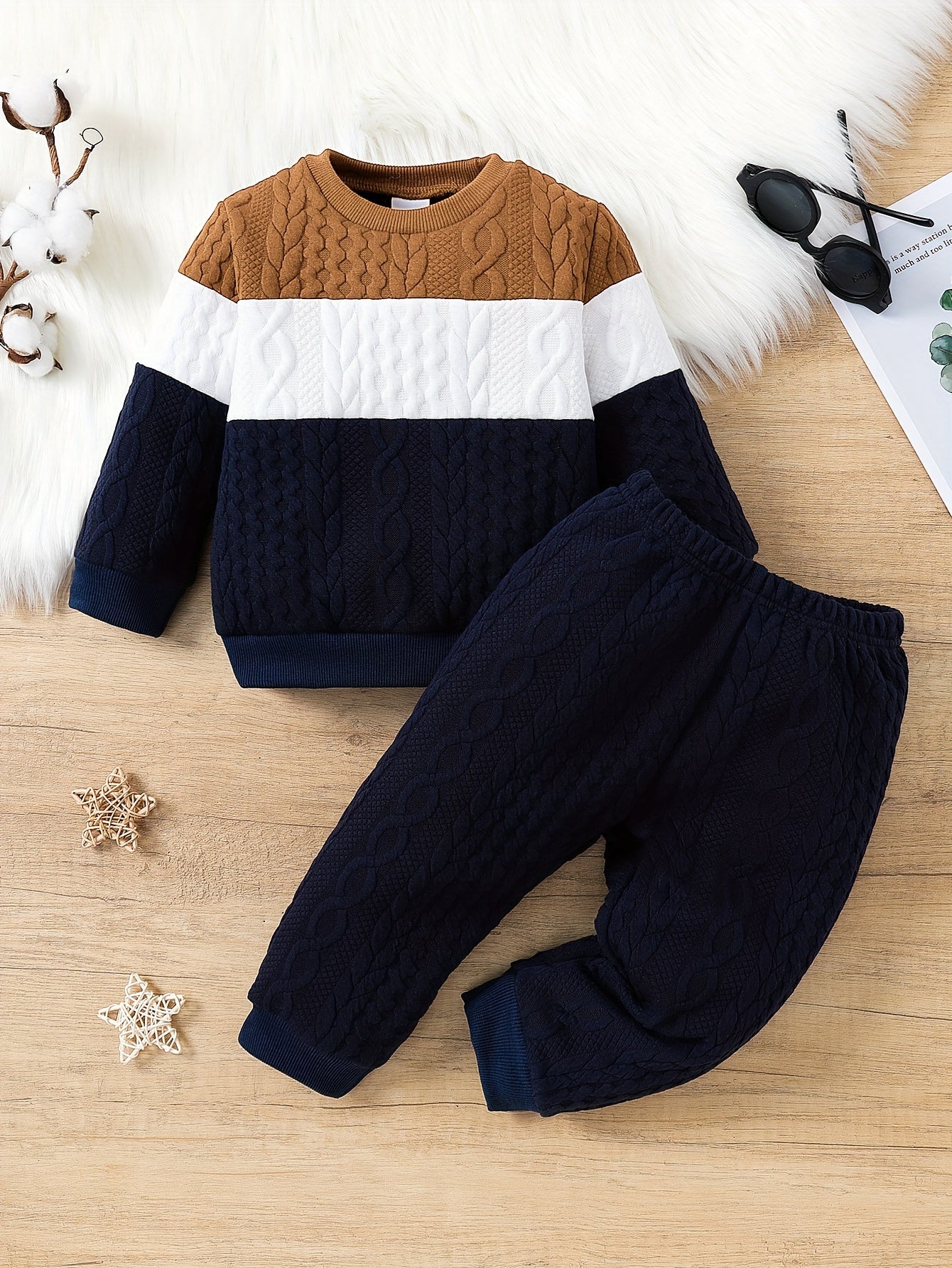 2pcs Baby's Color Clash Jacquard Sweatshirt & Casual Pants, Toddler & Infant Boy's Clothing Set For Spring Fall NEXTRENDBAHRAIN