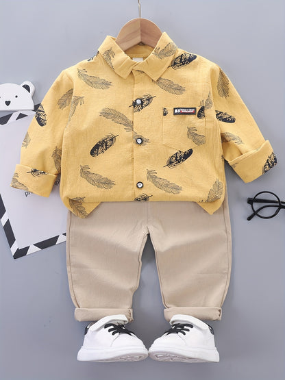 Boys Feather Graphic Patch Pocket Label Long Sleeve Shirt & Trousers Suit, Toddler Baby's Party Casual Clothes - NEXTRENDBAHRAIN