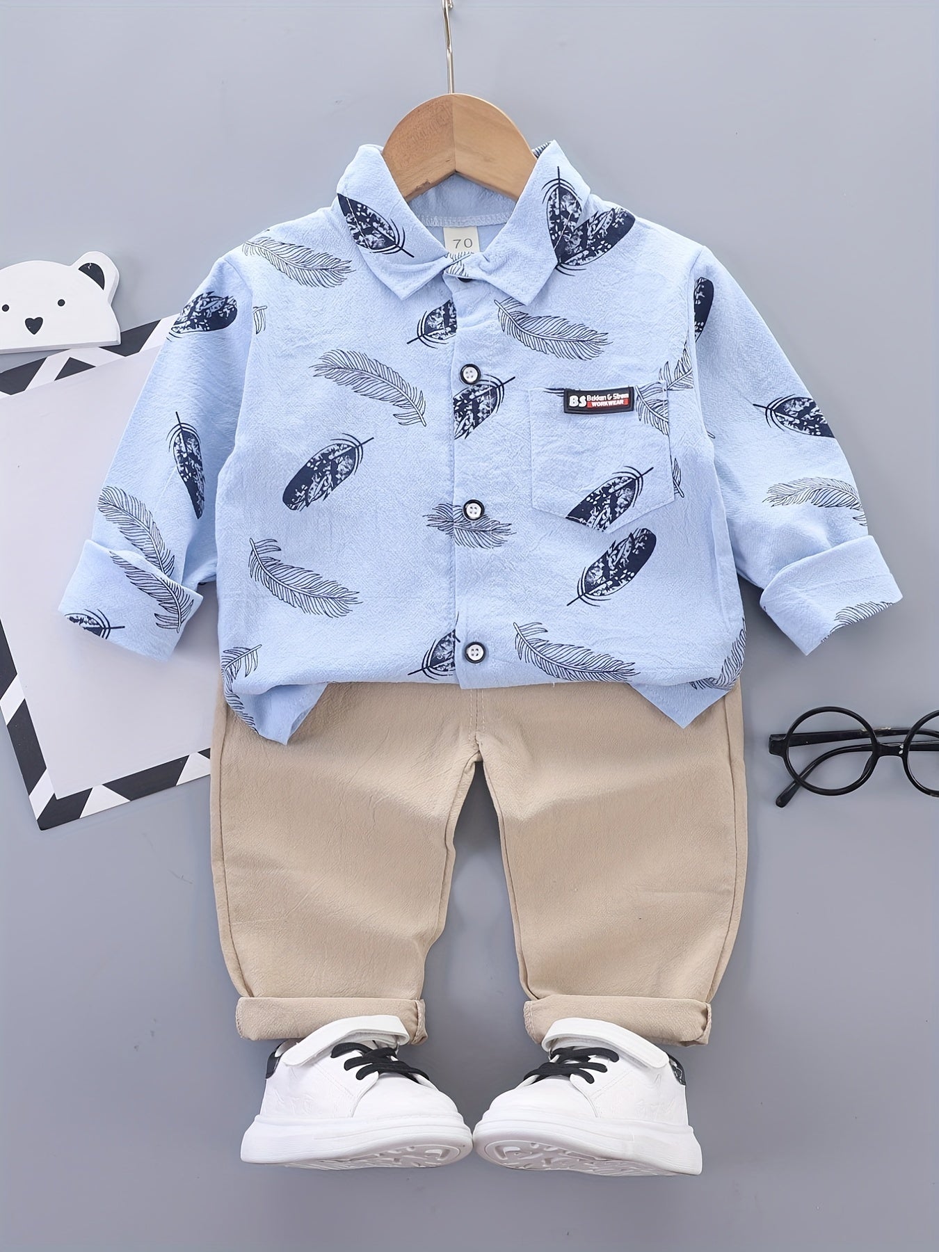 Boys Feather Graphic Patch Pocket Label Long Sleeve Shirt & Trousers Suit, Toddler Baby's Party Casual Clothes - NEXTRENDBAHRAIN