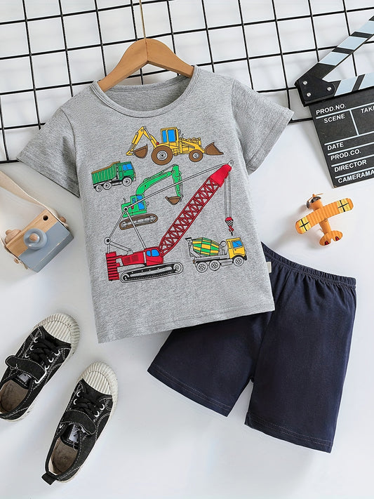 Boys Cartoon Crane Excavator Bulldozer Concrete Mixer Truck Casual Outfit Round Neck T-shirt & Shorts Kids Summer Clothes Sets - NEXTRENDBAHRAIN