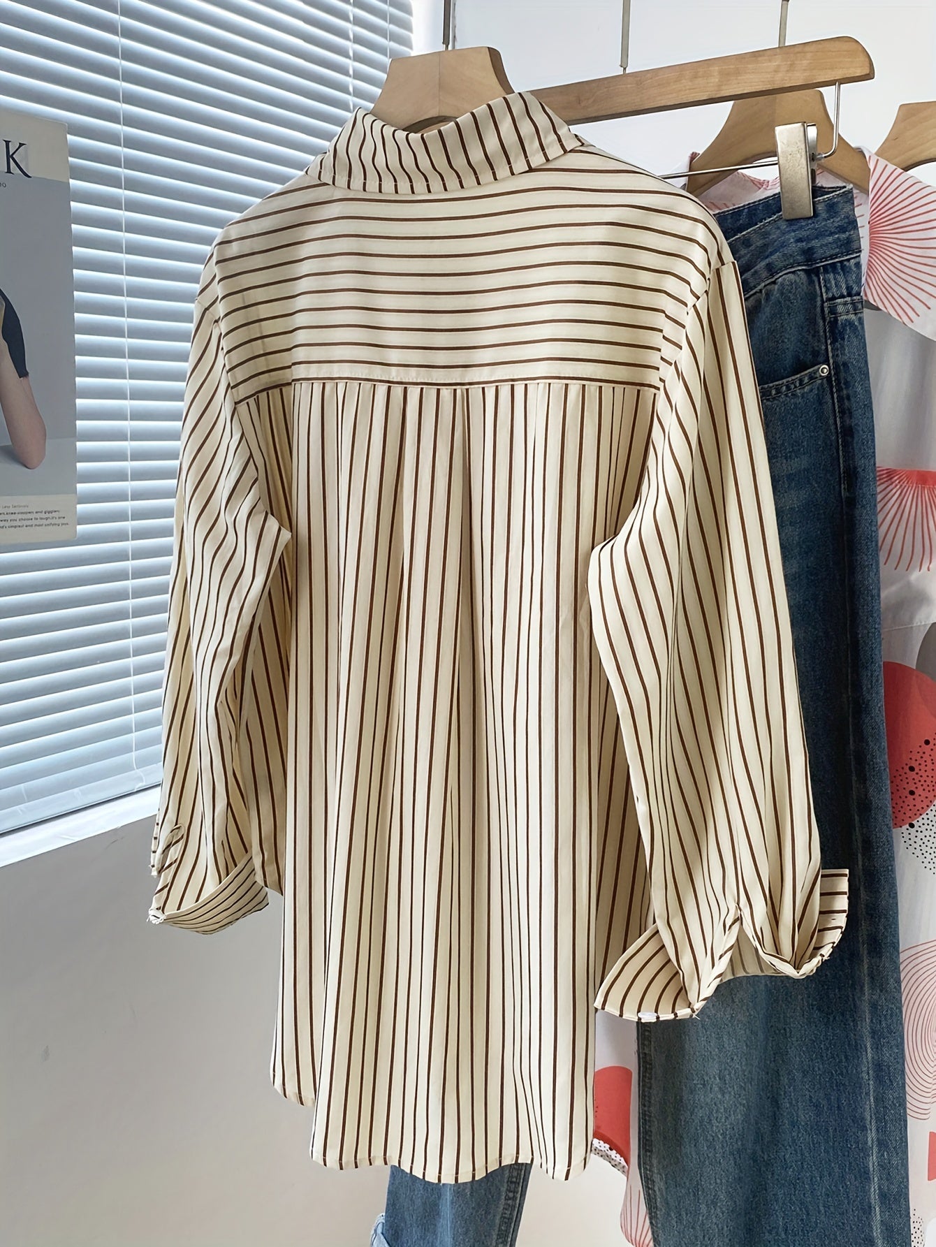 Chic Striped Rayon Blend Shirt for Women - Casual French-Inspired, Loose Fit with Button Detail, Long Sleeve, Machine Washable - NEXTRENDBAHRAIN