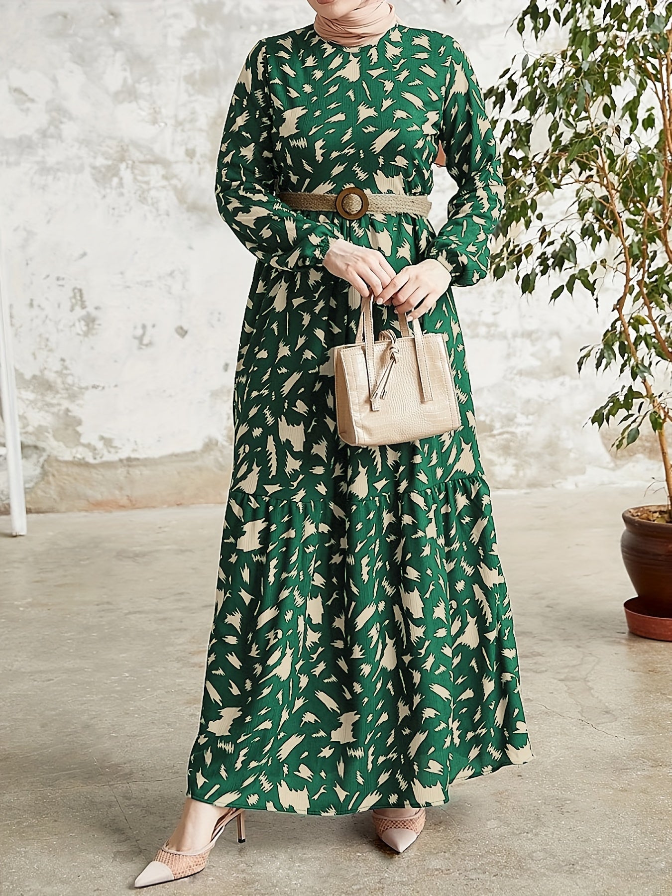 Allover Print Crew Neck Modest Dress, Elegant Long Sleeve Maxi Dress For Spring & Fall, Women's Clothing - NEXTRENDBAHRAIN